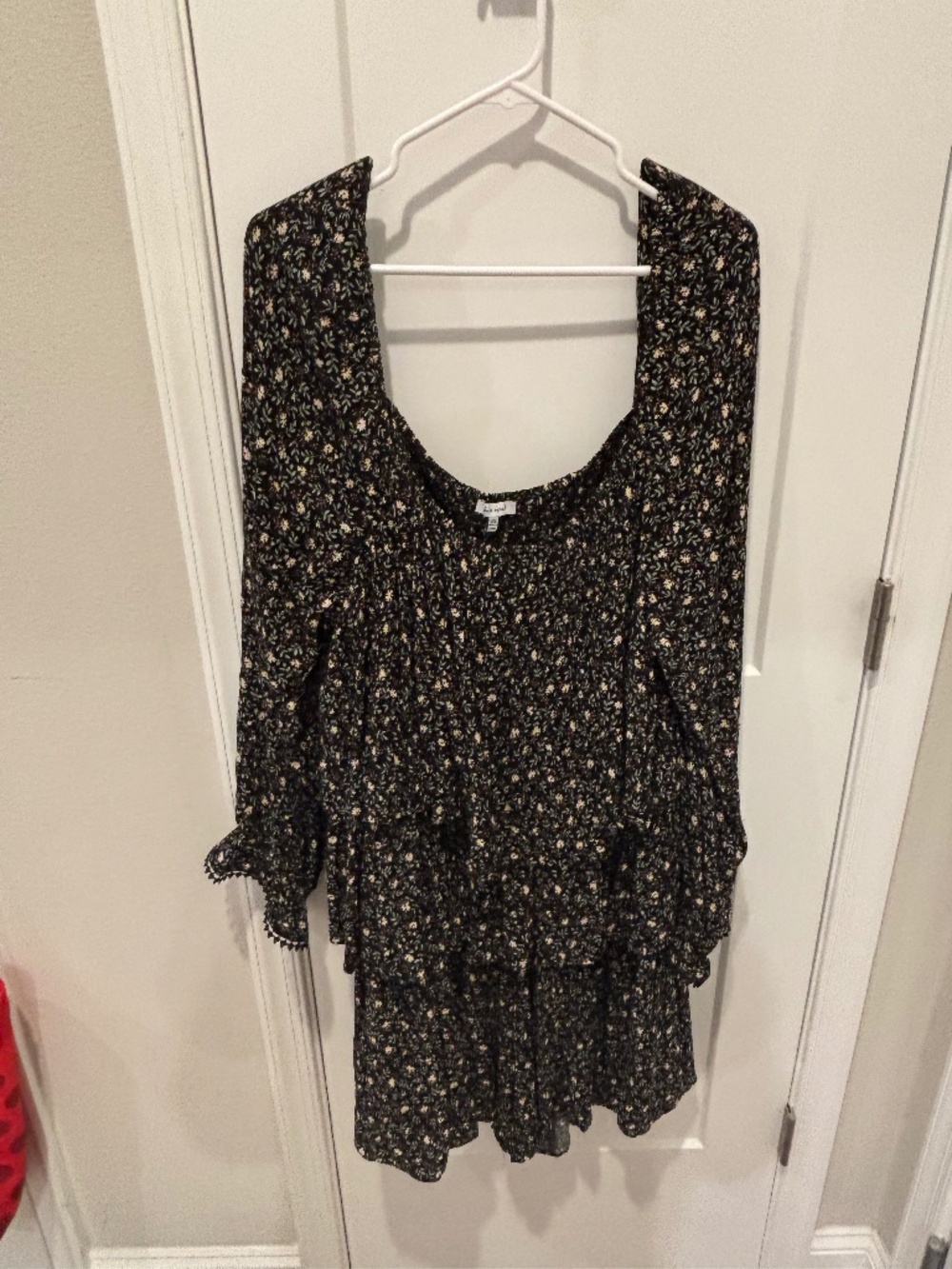 White Birch layered 3X black floral babydoll mini dress cottagecore boho.